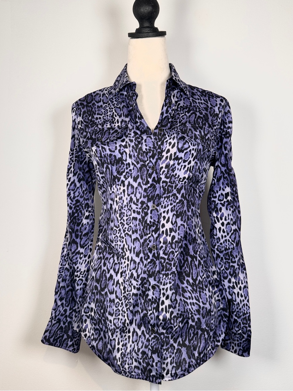 Silk Leopard Print Button Down Blouse Purple Black S NWOT